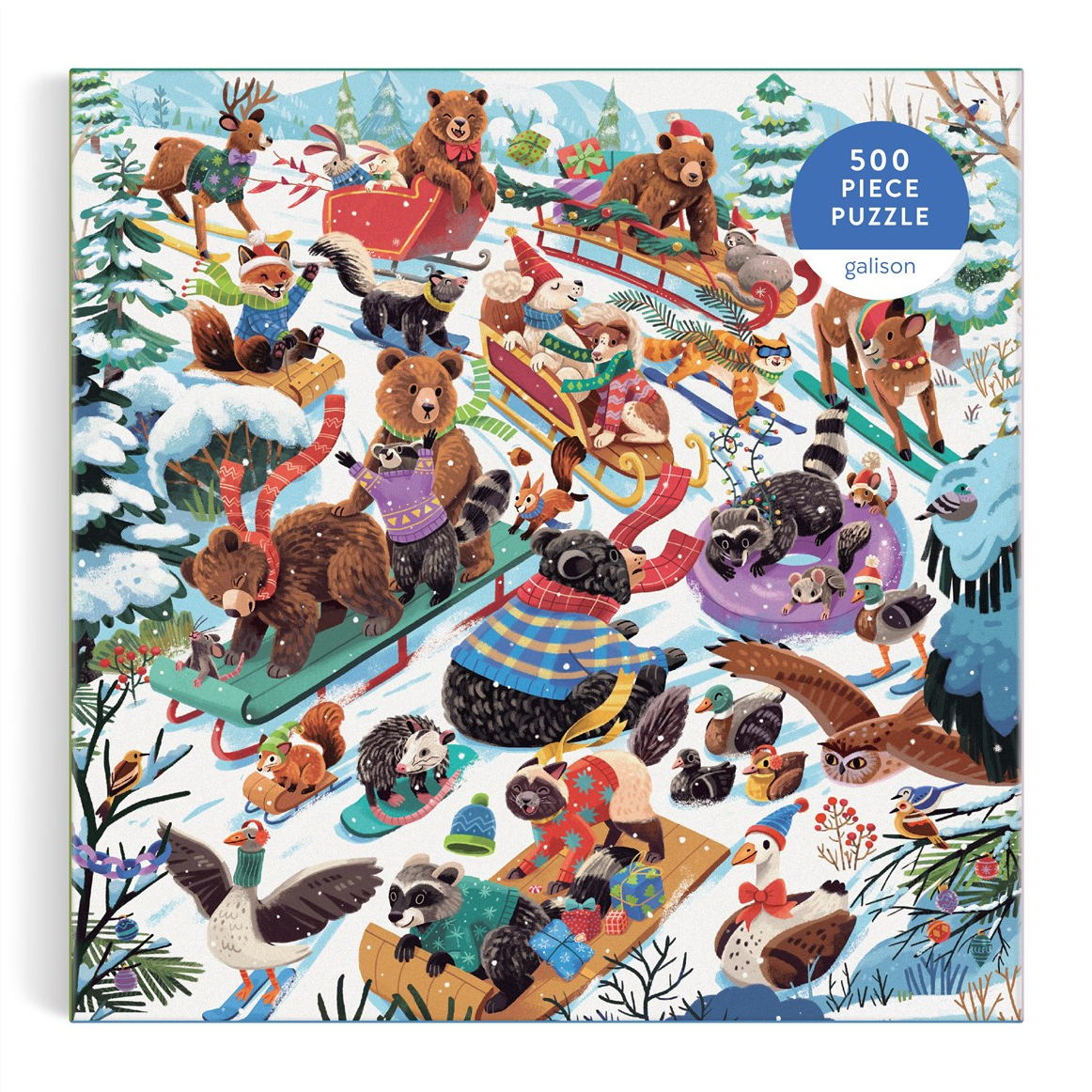 Puzzle box with winter-themed illustration of animals in festive clothing
