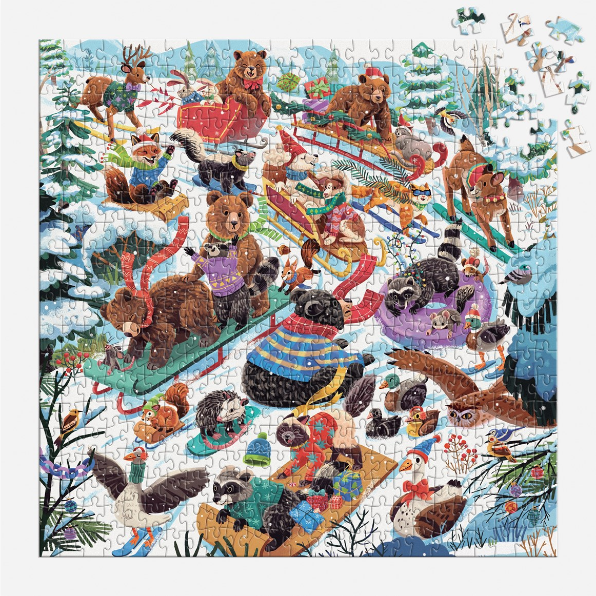 Jigsaw puzzle with winter-themed scene featuring animals in festive clothing.