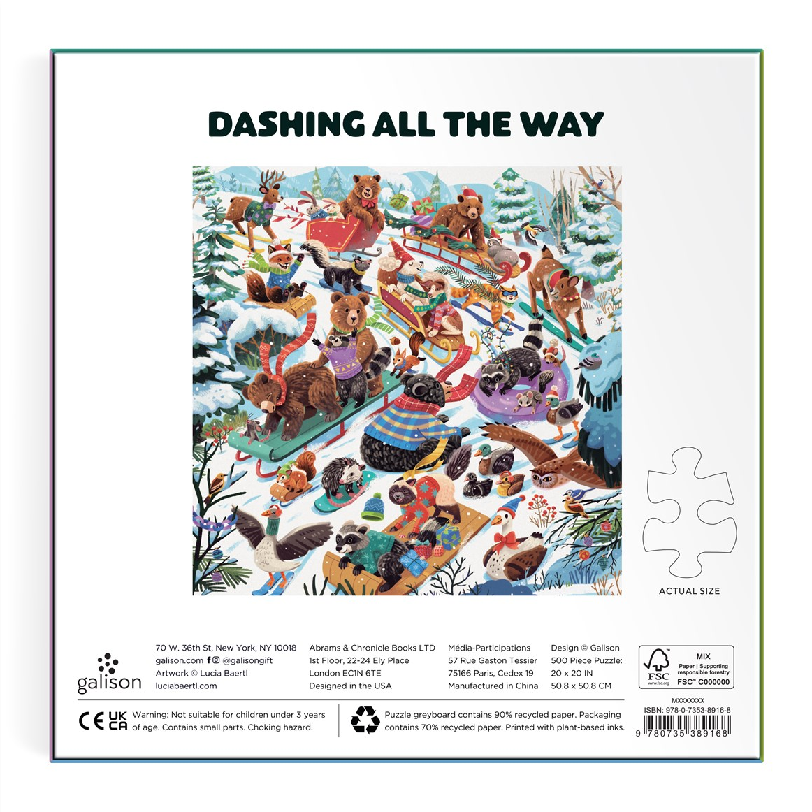 Puzzle packaging with winter scene illustration and 'Dashing All the Way' text