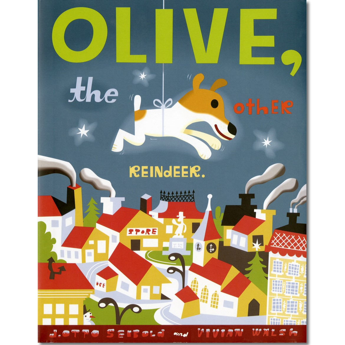 Children's book cover titled 'Olive, the olivier' with a stylized illustration of a dog hanging from a tree above a village scene, shown on a white background.