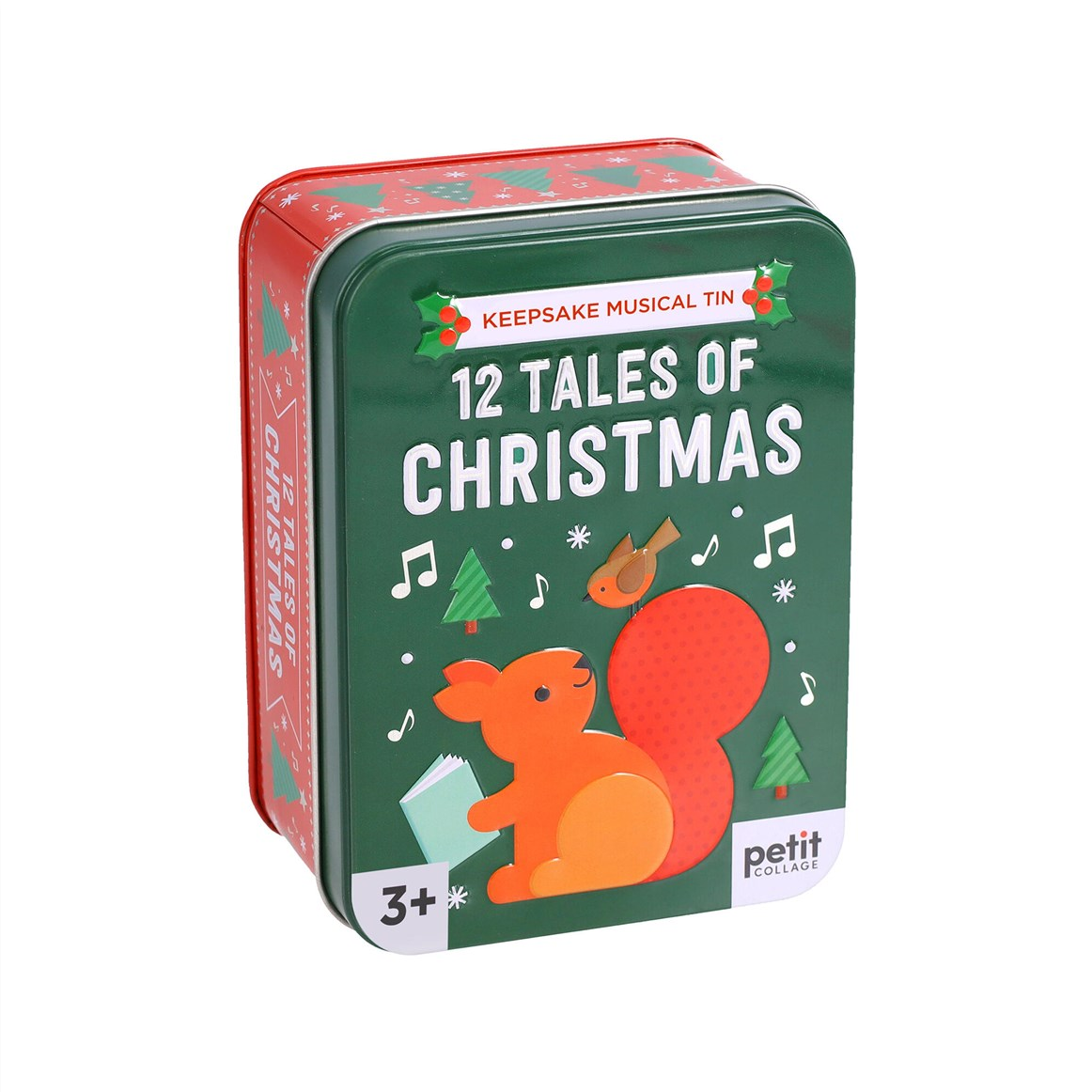 A square metal keepsake musical tin for children, featuring a festive Christmas design. The front cover is dark green with the title '12 TALES OF CHRISTMAS' in white, decorated with a cartoon orange squirrel reading, musical notes, pine trees, and a small bird.