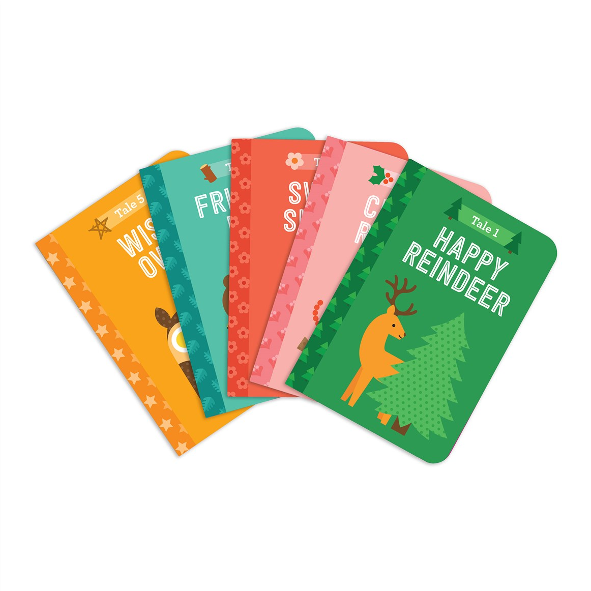 Set of colorful children's books with various designs on a white background