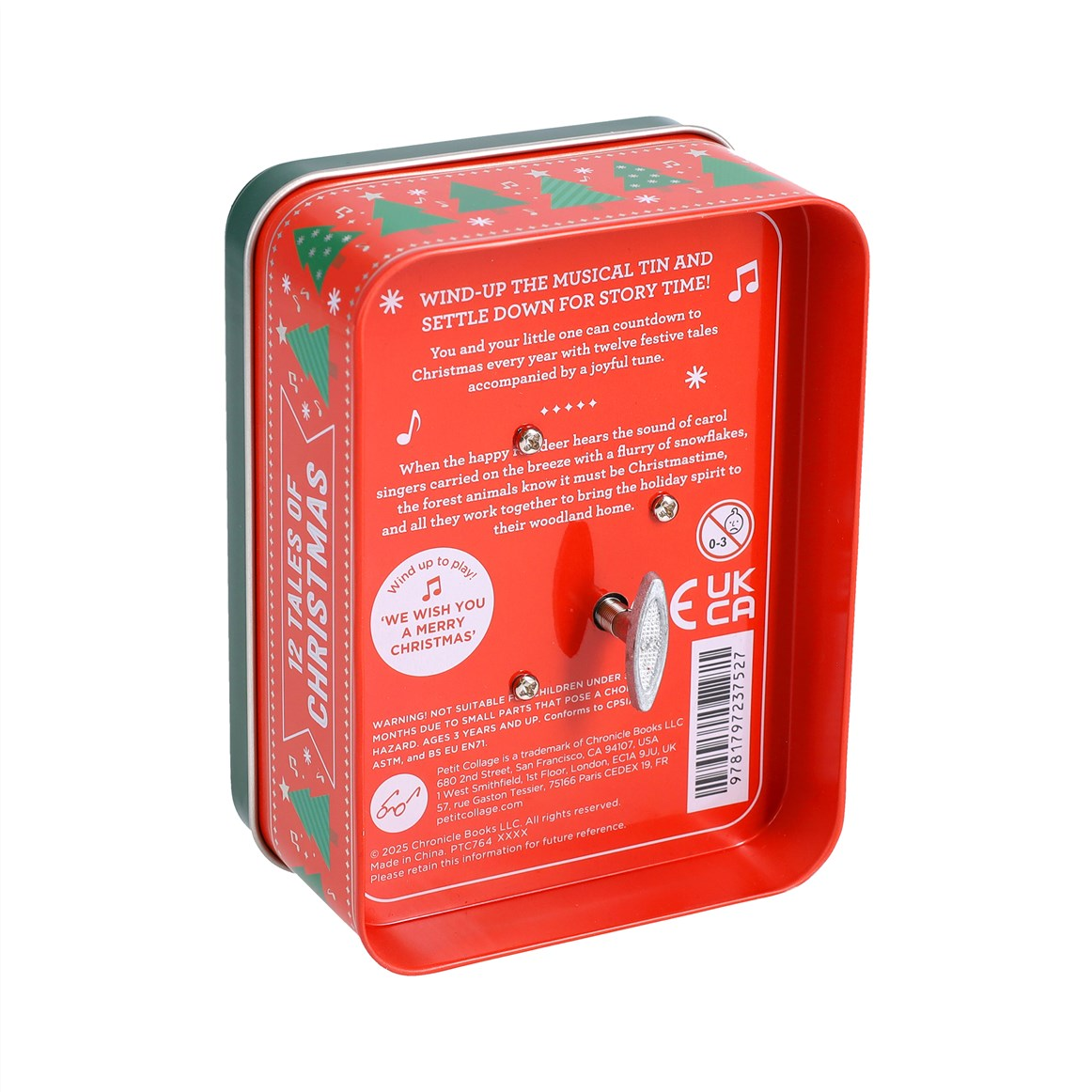 Red Christmas music box tin with green side panels and back printed with festive text and illustrations, shown on a white background.