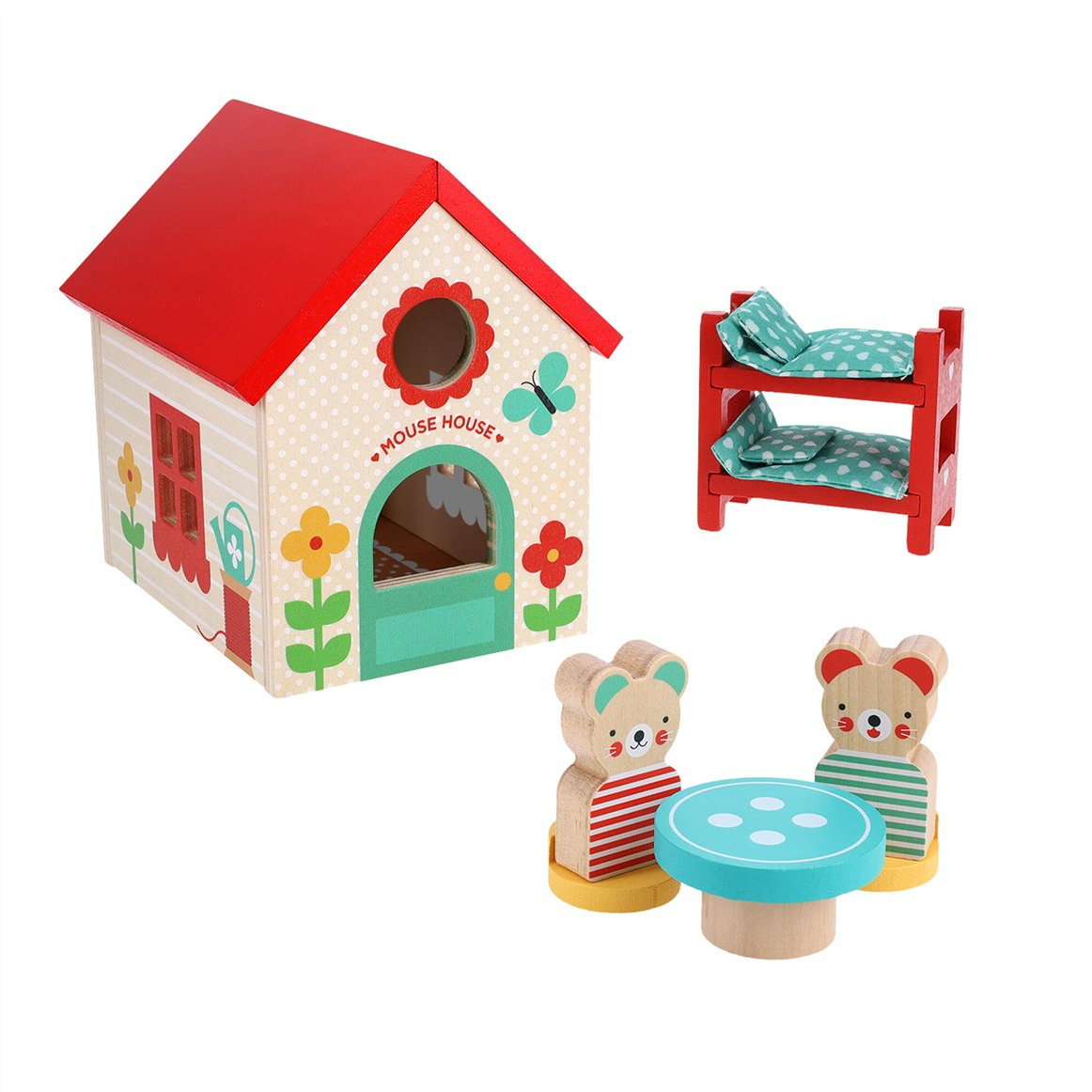 Wooden toy mouse house with two mice and a small table on a white background