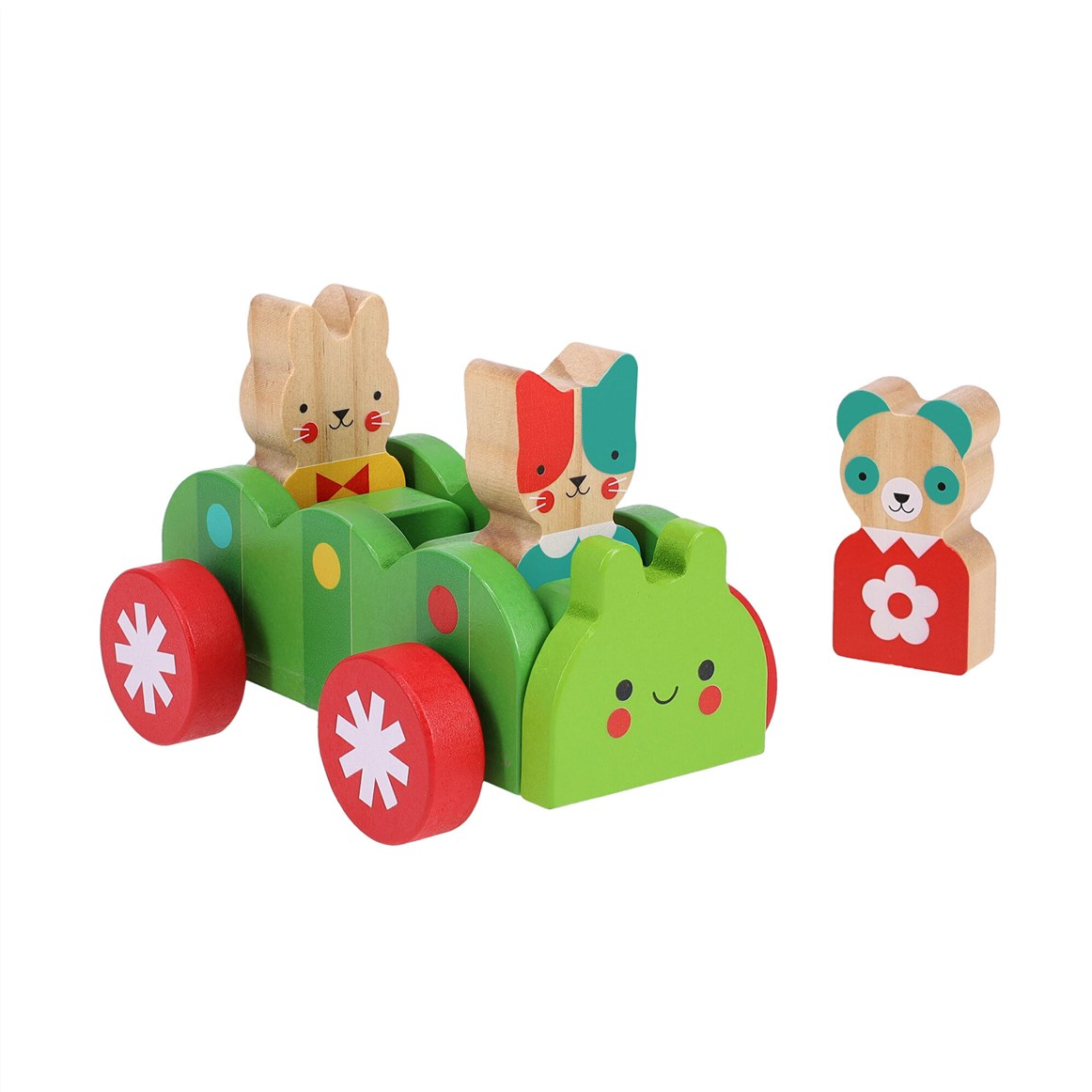 Wooden toy car with animal figures on a white background