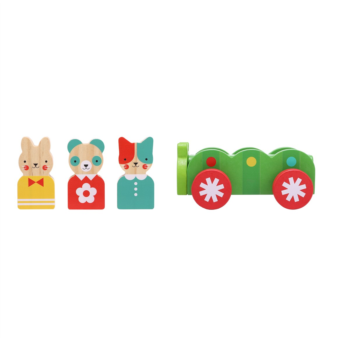 Set of colorful wooden toy figures with a green train car on a white background