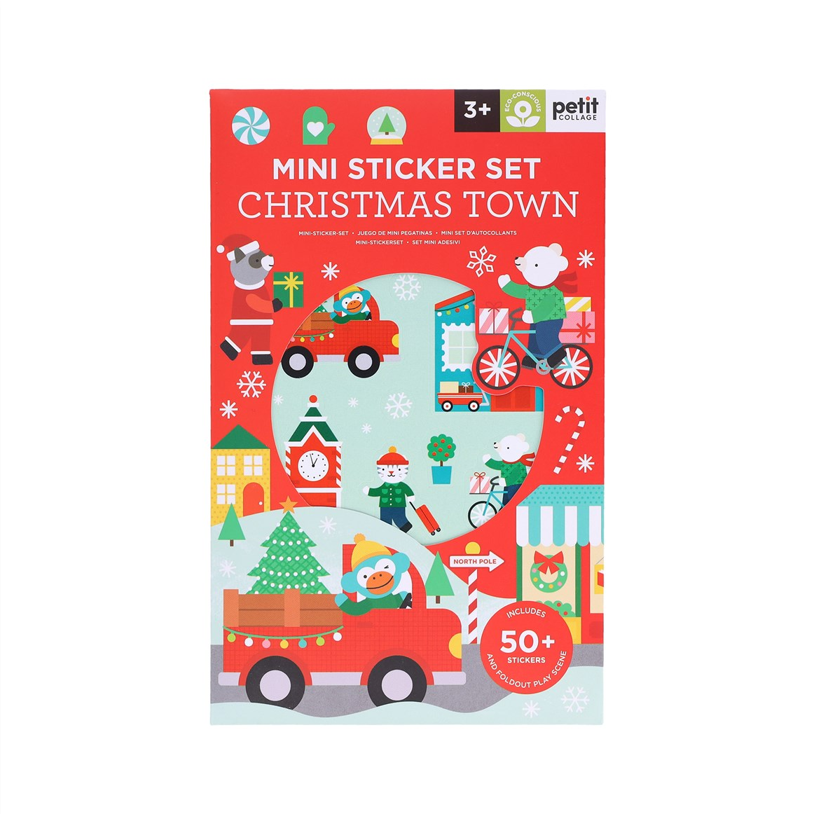 A children's mini sticker set titled 'MINI STICKER SET CHRISTMAS TOWN' in a red box with colorful holiday illustrations including Santa, a Christmas tree, cars, and characters. The Petit Biche brand logo appears at the top right.