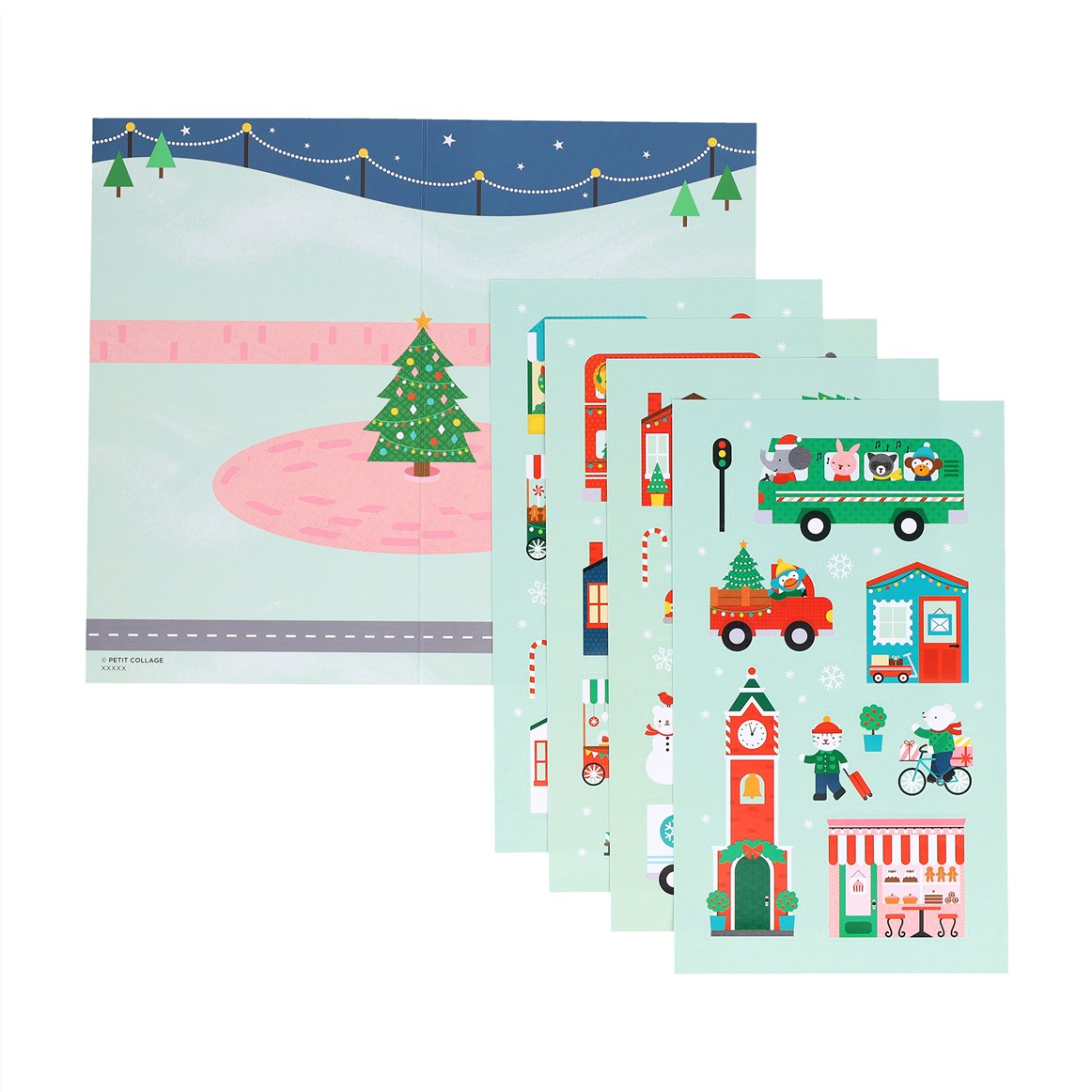 Set of illustrated Christmas-themed cards with festive elements on a white background