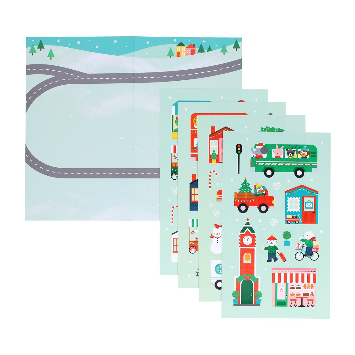 Set of illustrated cityscape stickers with buildings, vehicles, and a clock tower on a light blue background.