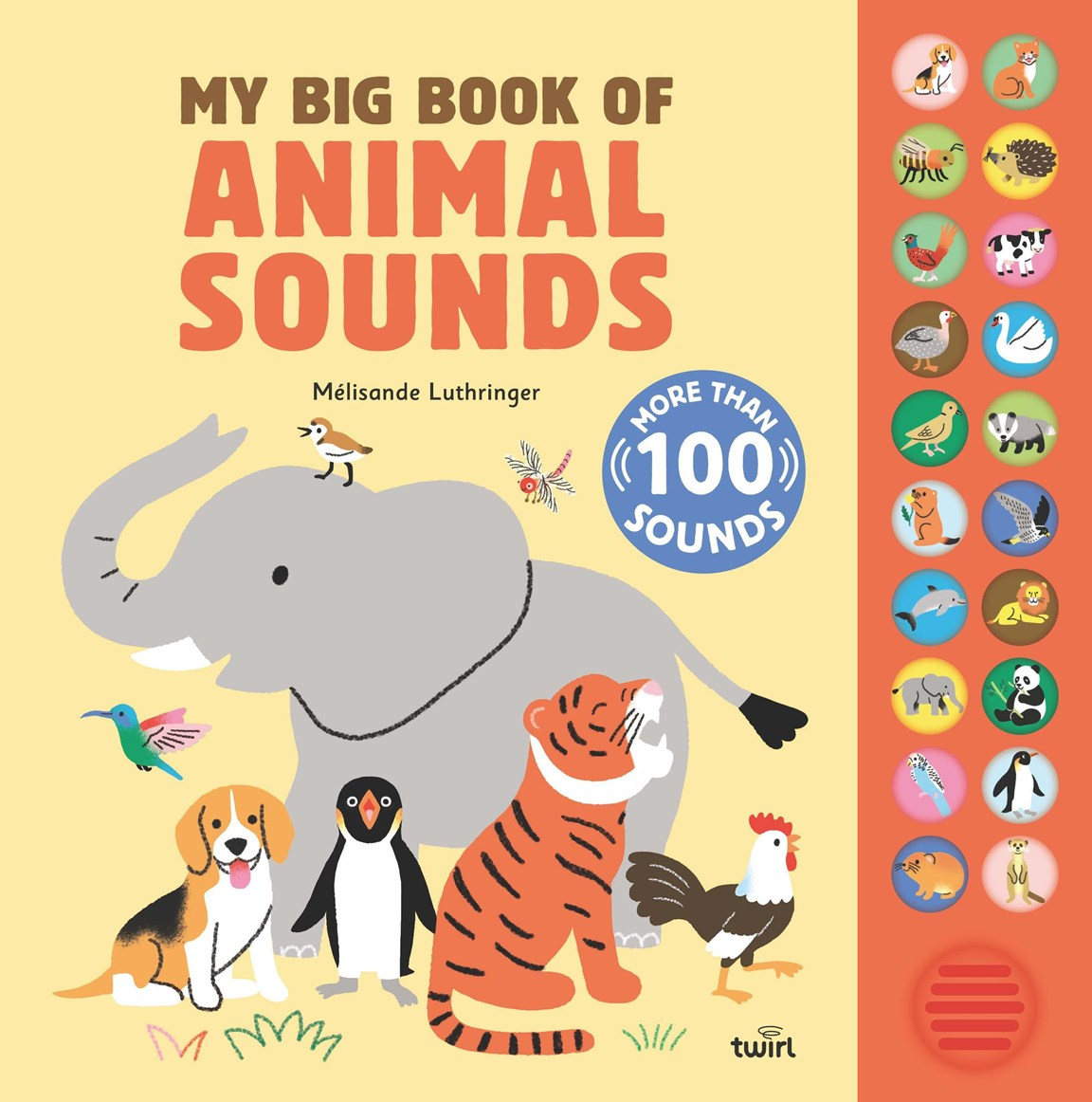 Book cover of 'My Big Book of Animal Sounds' with illustrations of animals and sound icons on a yellow background.