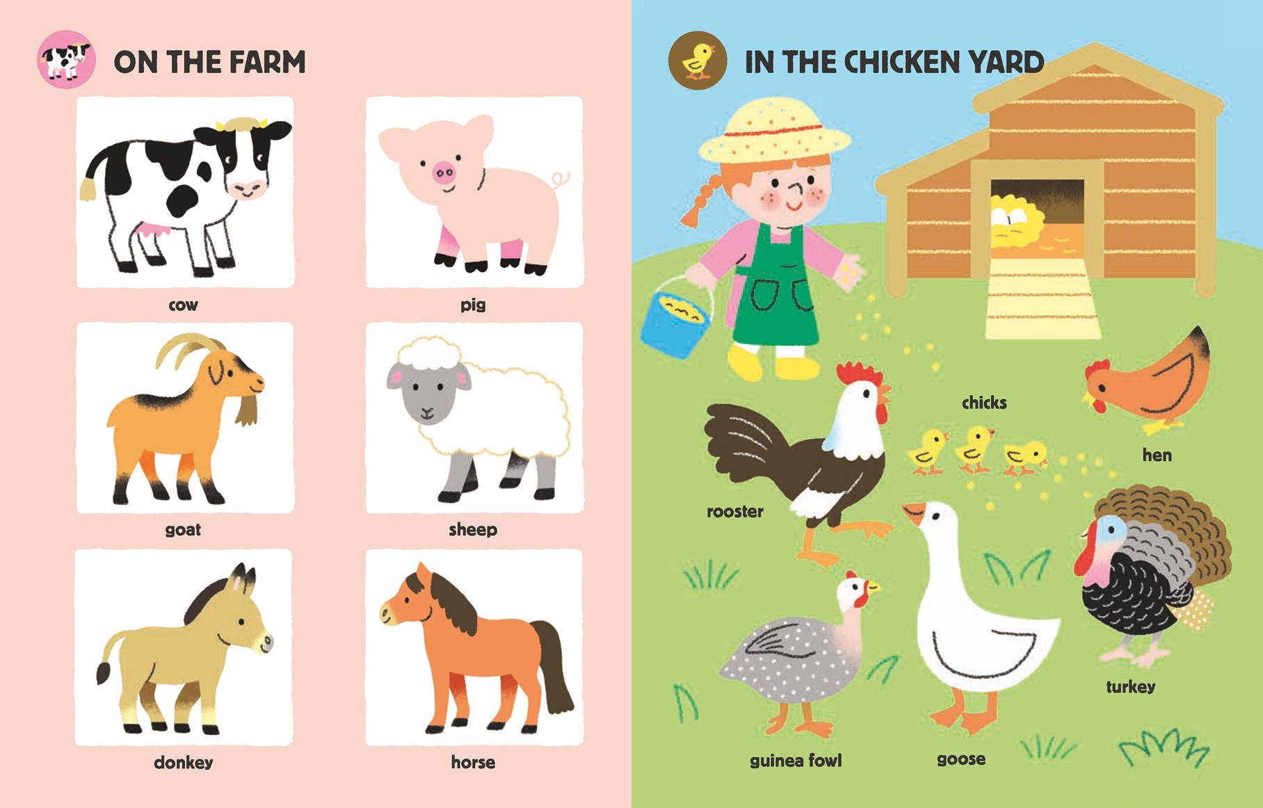 Educational children's book page with farm animals and a chicken yard scene.