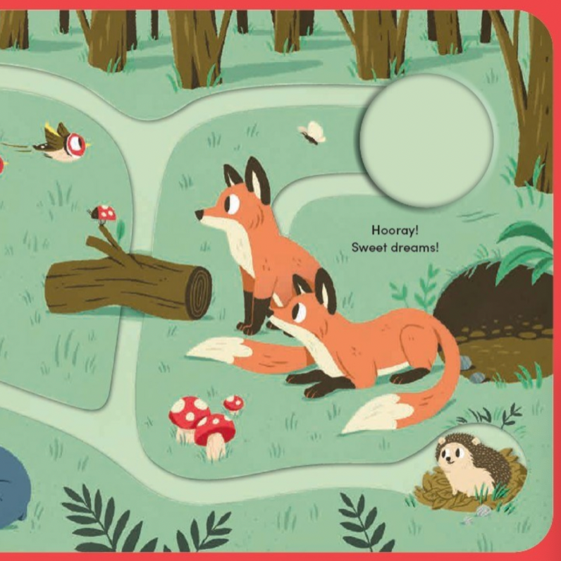 A colorful children's book or activity page featuring an illustrated forest scene with foxes, mushrooms, birds, a hedgehog, and a blank oval cutout on a mint green background with a red border.