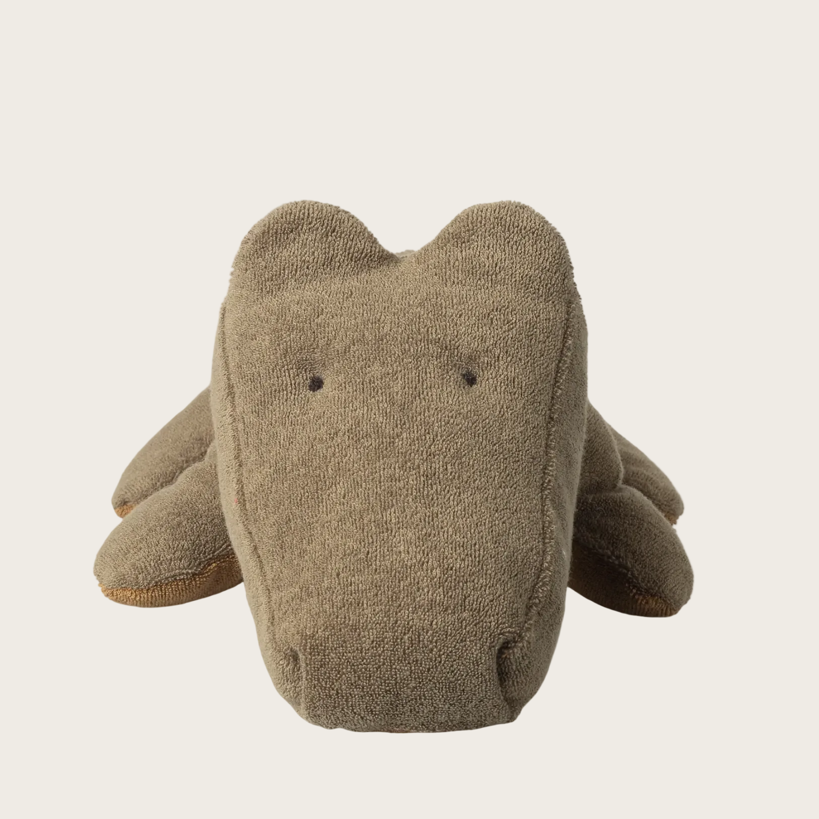 A plush crocodile toy in olive green fabric