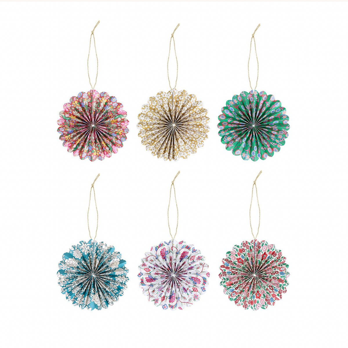 Six hanging decorative ornaments shaped like metallic fanbursts in assorted colors, arranged in two rows on a white background.