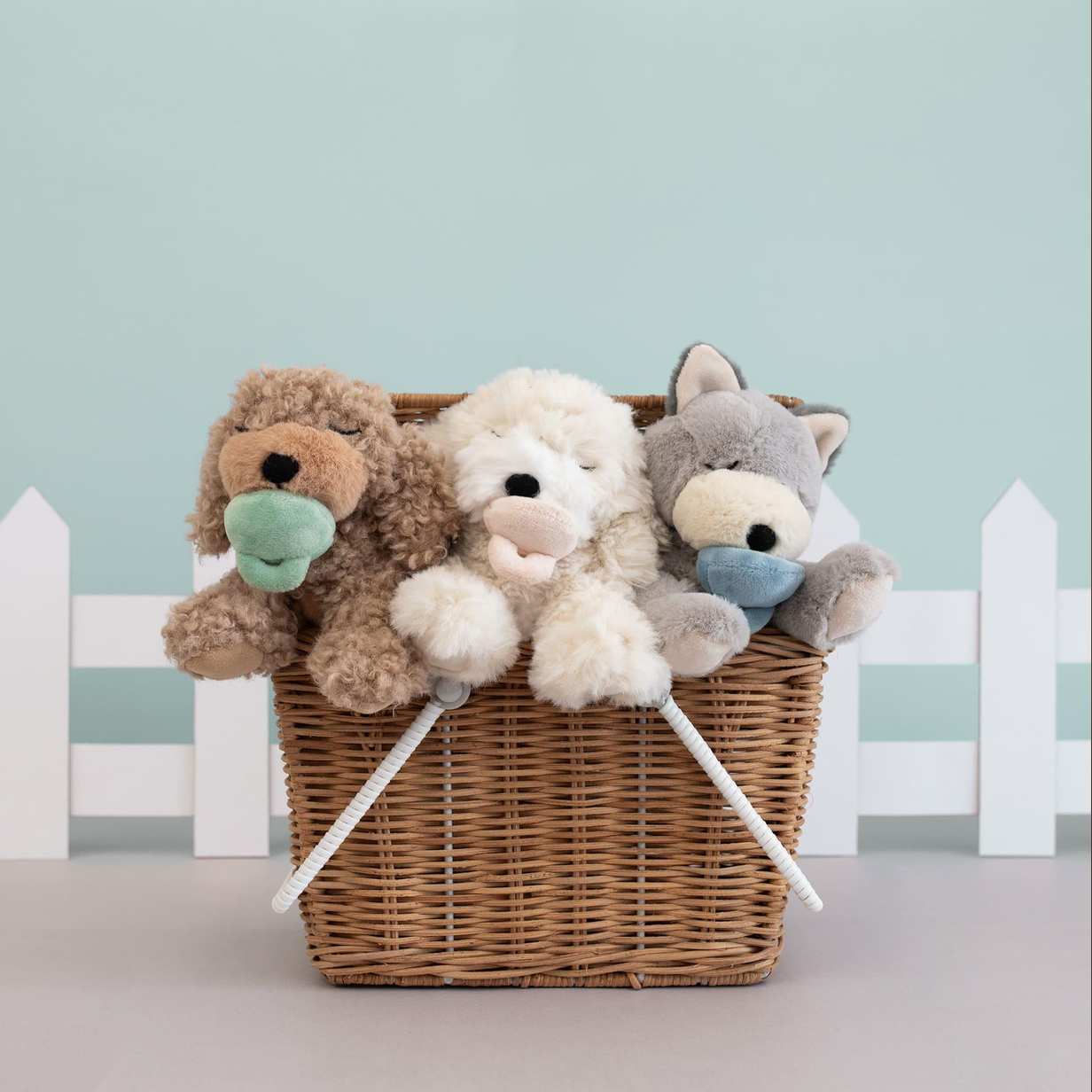 Three plush animal toys peeking out of a woven wicker basket: a brown teddy bear with a mint pacifier, a fluffy cream bear with a pink pacifier, and a gray wolf with a blue pacifier. The basket is set against a pale blue backdrop with a white picket fence.