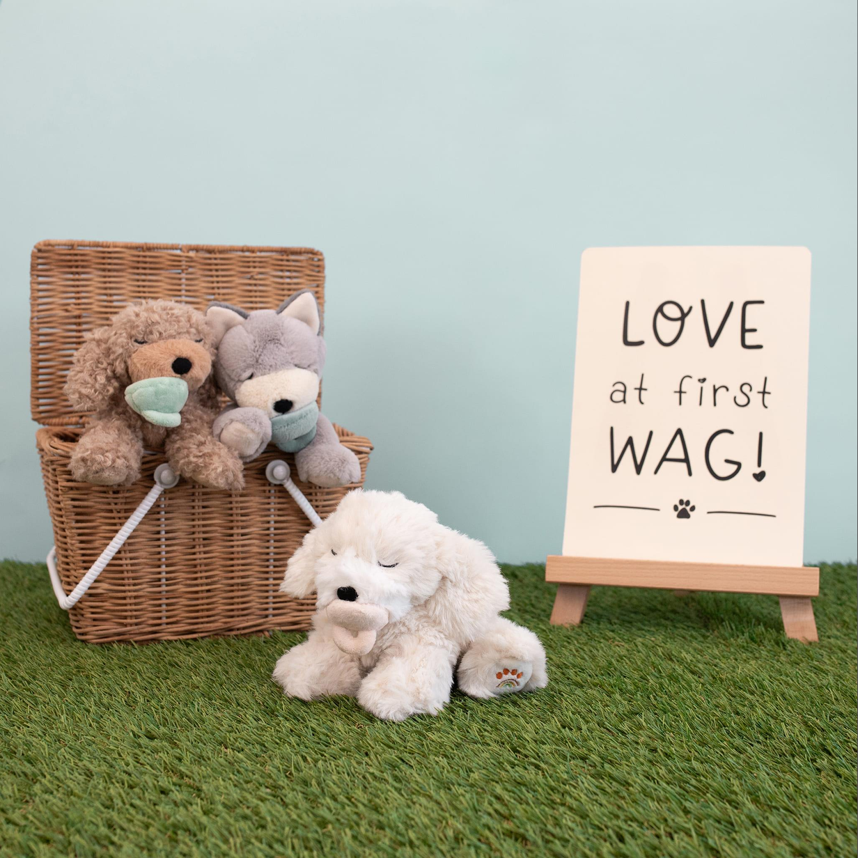 A styled product photo featuring plush toys: a white poodle plush lying on green artificial grass next to a wicker basket holding two plush dogs wearing face masks, with a sign reading 'LOVE at first WAG!' on a small easel against a pale blue background.