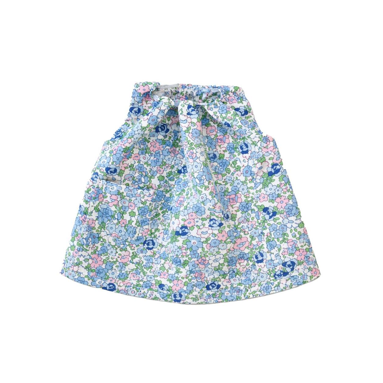 A high-waisted A-line mini skirt with a colorful floral print, featuring a tie waistband and side pockets, shown against a plain white background.