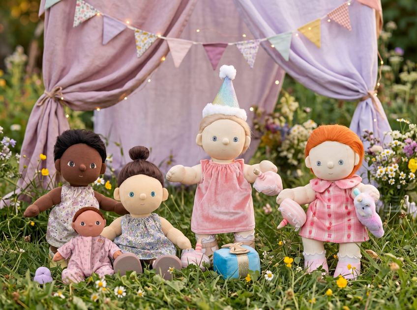 Group of dolls in a garden setting with a purple tent and colorful flags.
