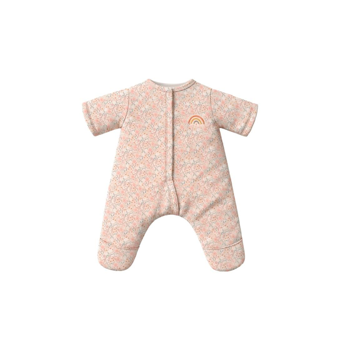 Pink baby p.j.'s with rainbow design on a white background