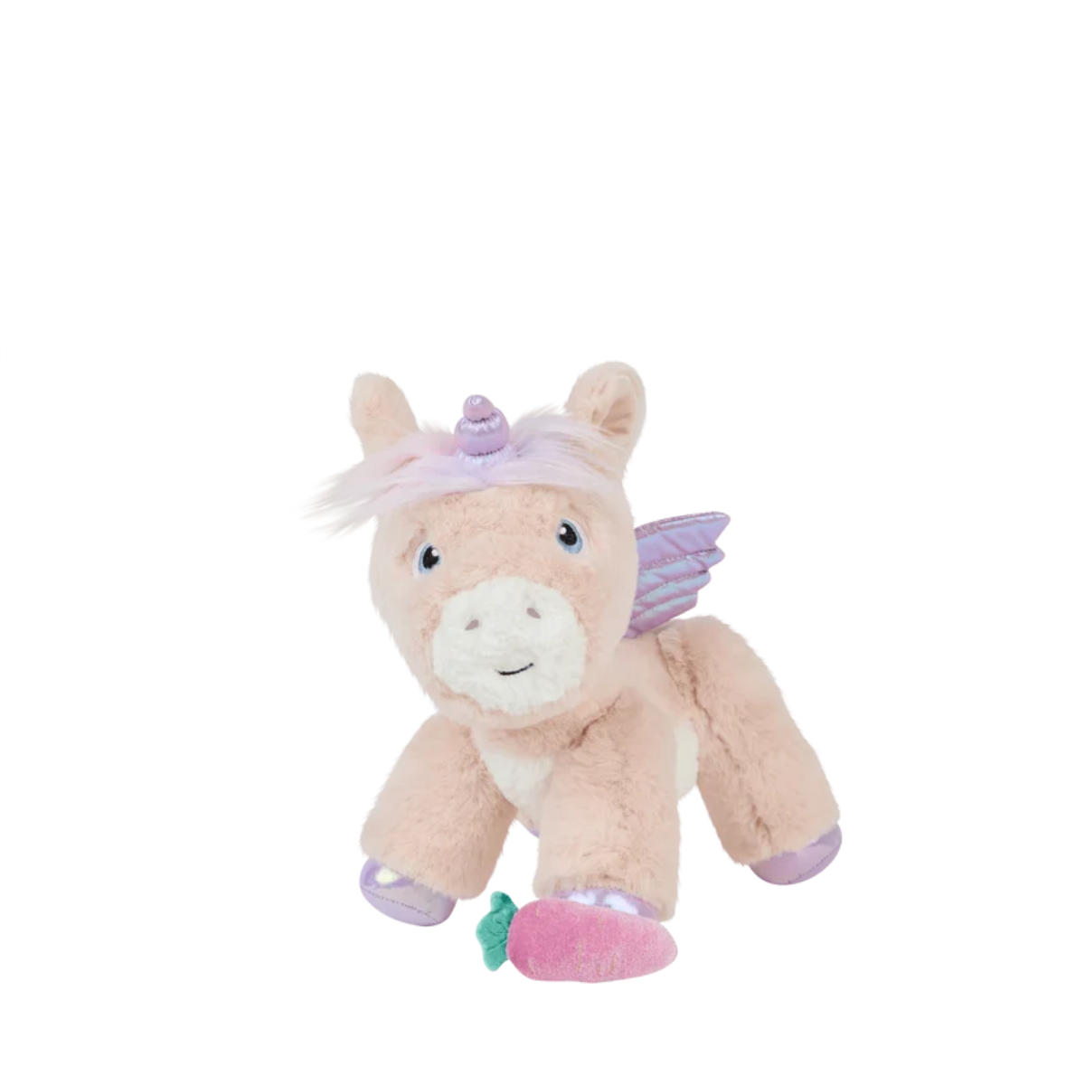A plush winged unicorn toy in light pink and cream with purple accents, including a horn, mane, wings, and hooves, sitting on a plain white background.