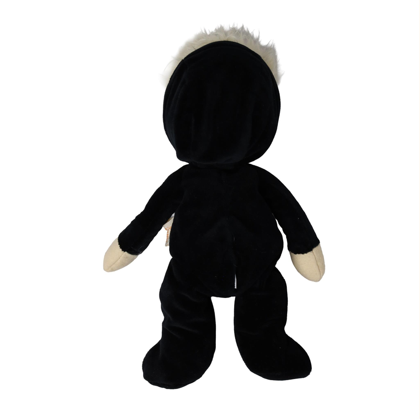 A black plush toy figure with a hood featuring fluffy white trim, long arms ending in cream-colored hands, and black feet, shown against a plain white background.