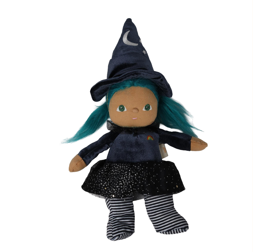 A witch doll plush toy with teal hair, wearing a navy blue velvet hat with a crescent moon and star, a navy long-sleeve top, a black sparkly skirt, and black-and-white striped socks, shown on a plain white background.