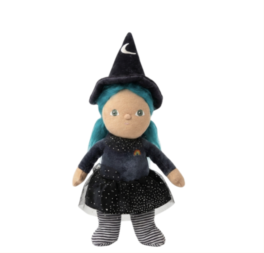 A plush witch doll with bright teal hair, wearing a black pointed hat with a white crescent moon, a dark starry dress, and striped socks, centered on a plain white background.