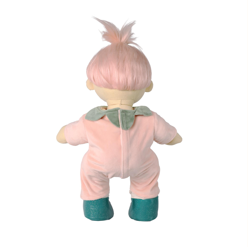 Back view of a plush doll with pink hair in a top bun, wearing a light pink one-piece outfit with a sage green collar and teal shoes, on a white background.