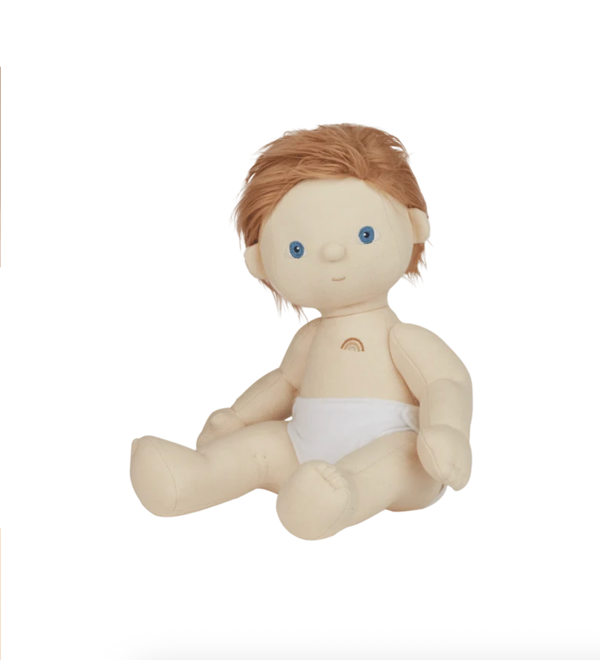 A plush baby doll with light peach skin, short reddish-brown hair, blue eyes, and a white diaper, shown against a plain white background.