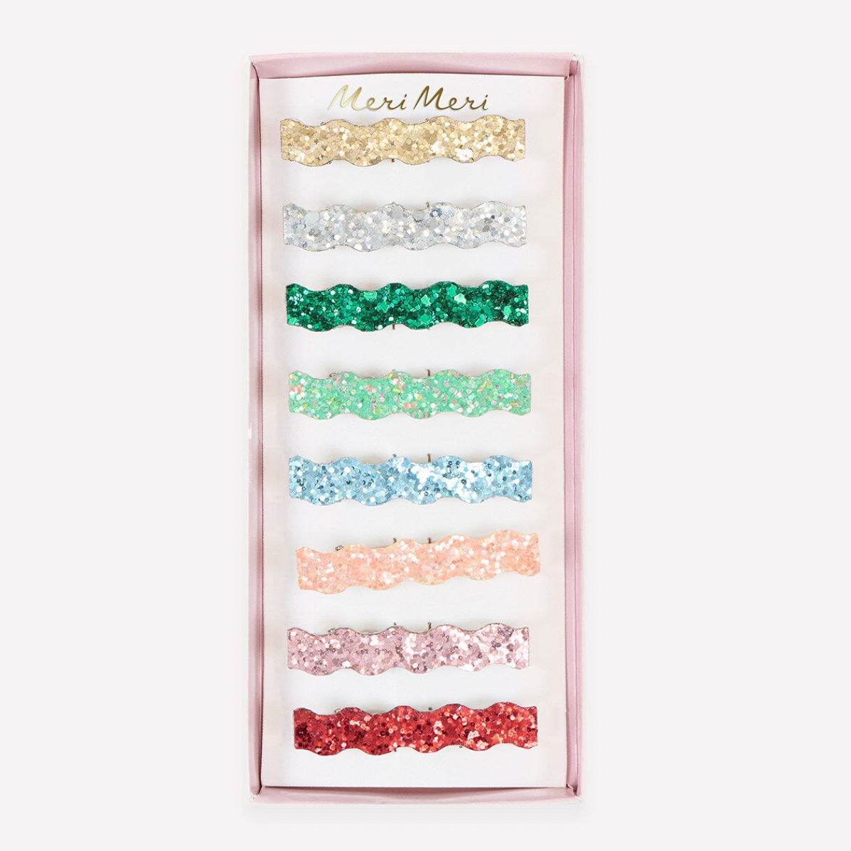 A set of eight glittery wavy hair clips in multiple colors, presented in a pink rectangular box with the brand name 'Mini Mori' printed at the top.