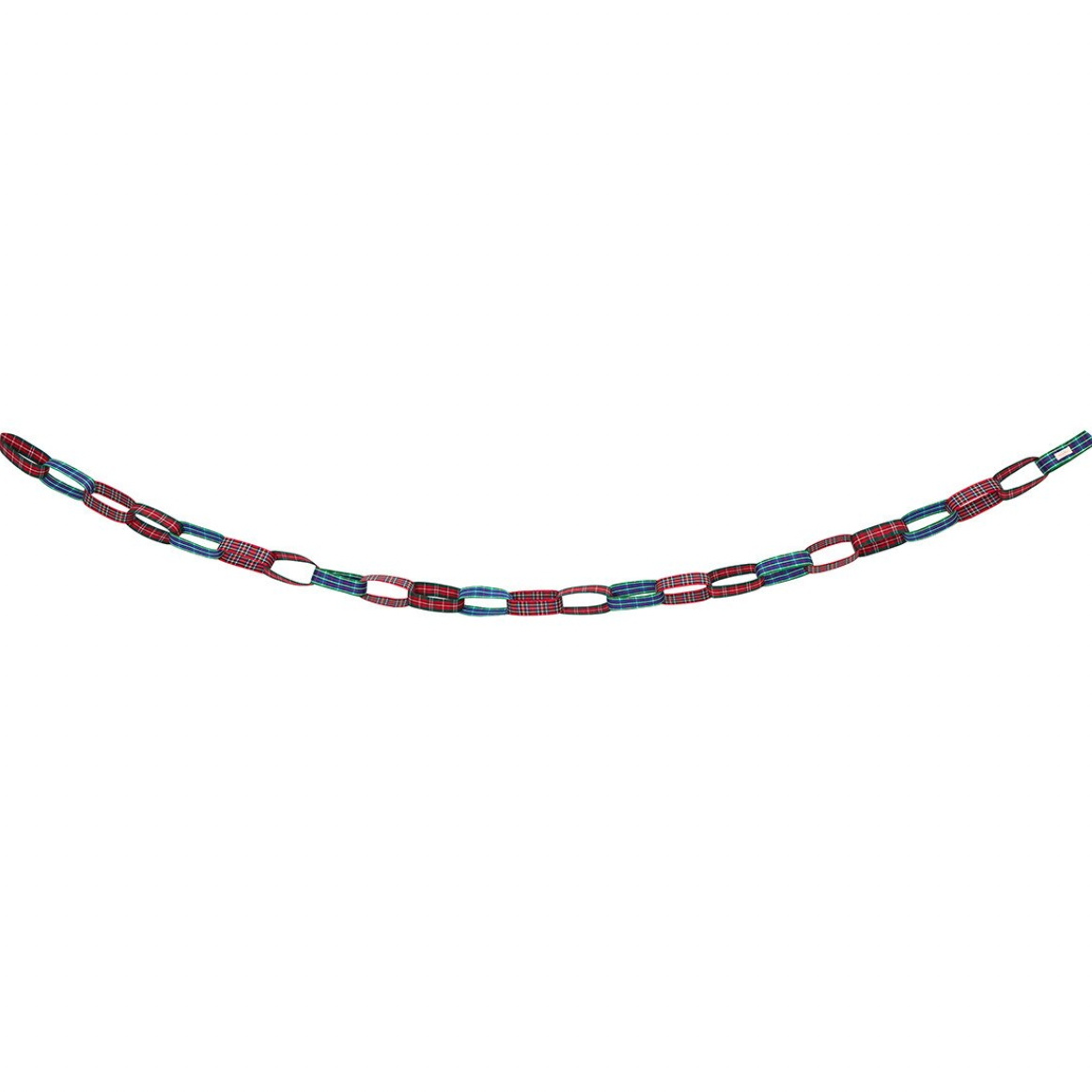 A beaded chain necklace featuring alternating red and blue beads with small white accents, displayed in a curved shape against a plain white background.
