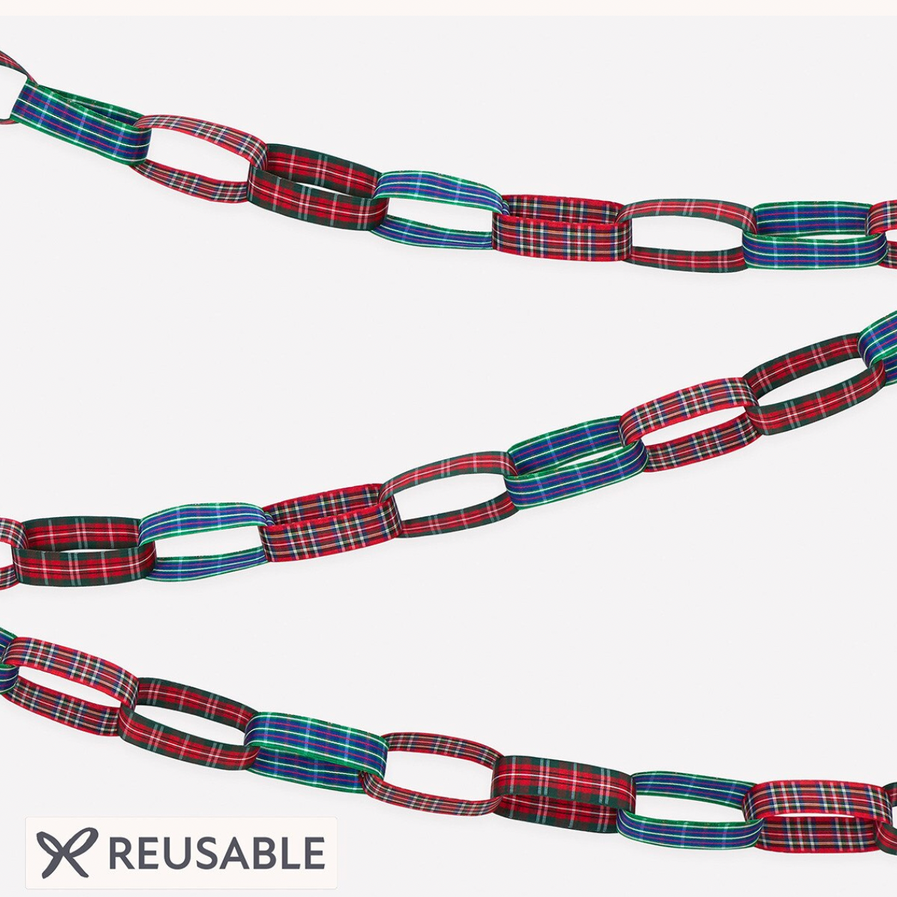 Three reusable paper chain garlands with red, green, and blue tartan plaid links, displayed against a light gray background with a 'REUSABLE' label at the bottom.
