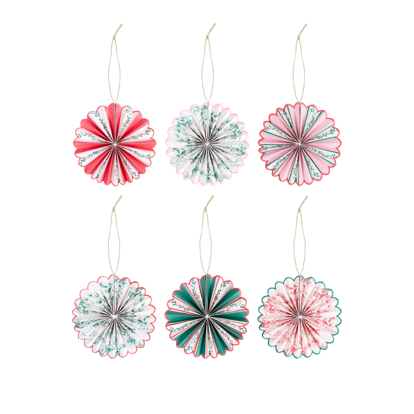 Six paper fan Christmas ornaments arranged in two rows of three on a white background. Each ornament has a different holiday color scheme including red, pink, green, and white, with some featuring delicate floral patterns.