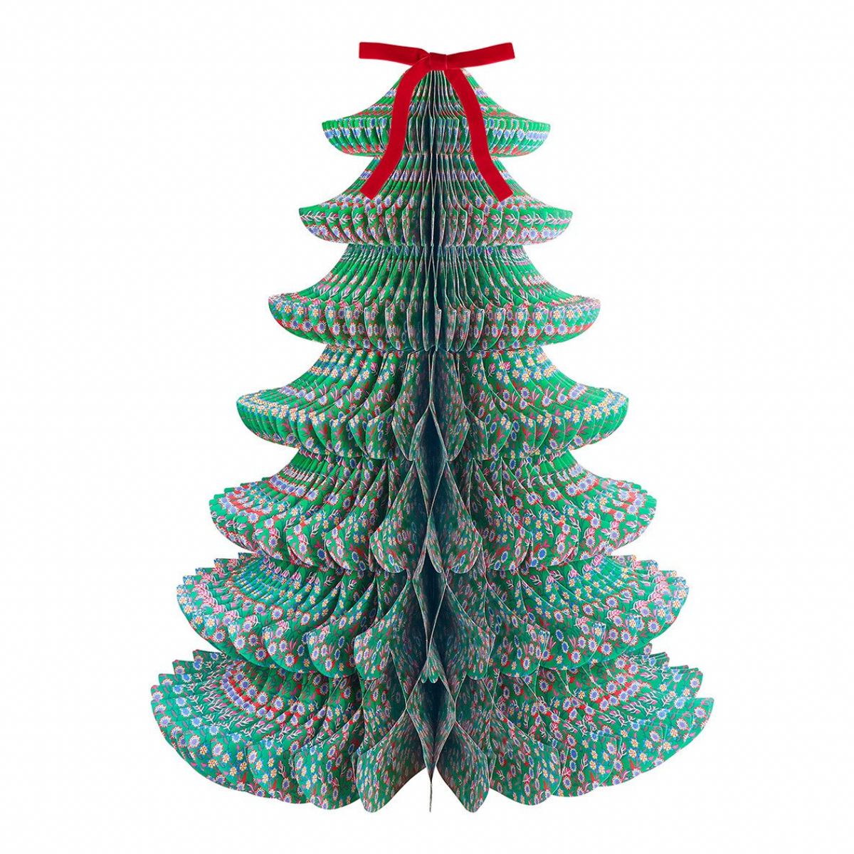 A 3D papercraft Christmas tree with a green, pink, and white patterned design, finished with a red ribbon bow at the top, set against a plain white background.