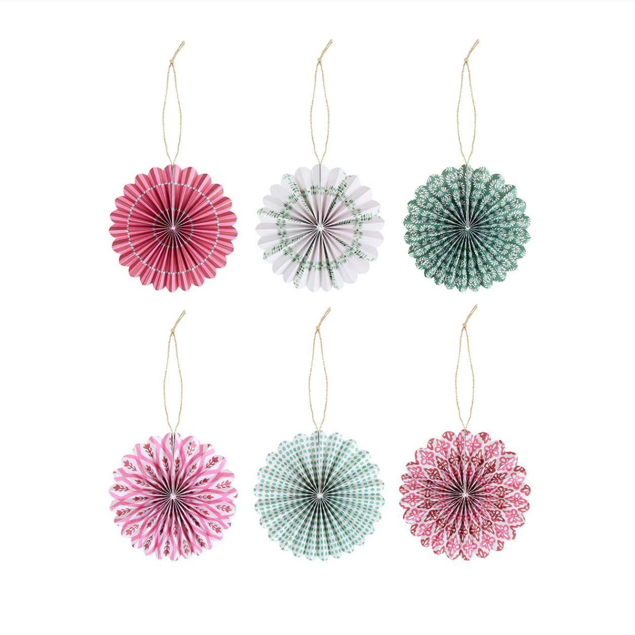 Six hanging paper fan ornaments arranged in two rows on a white background. The top row includes pink, white, and mint green fans, while the bottom row includes pink, mint green, and dark pink fans.