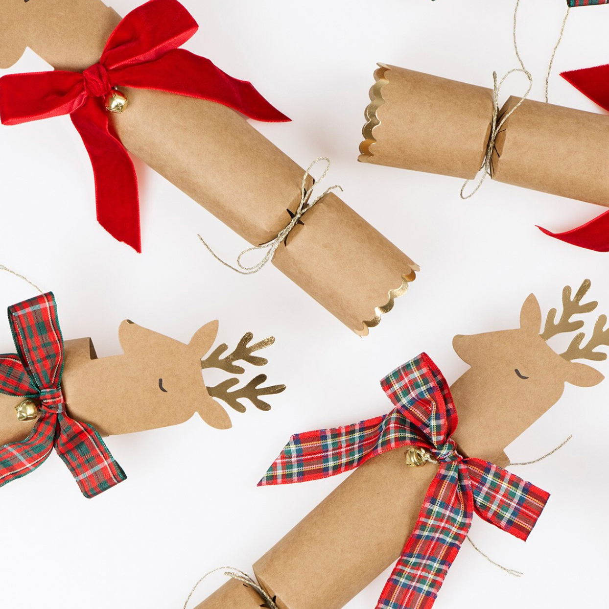 Plaid & Velvet Bow Reindeer Crackers -small toys (x6)
