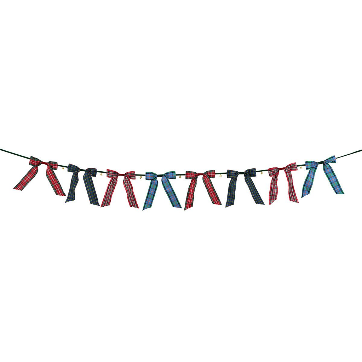 A string of small ribbon bunting flags in alternating red and blue plaid patterns, suspended against a plain white background.