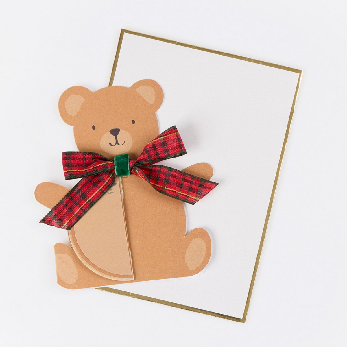 Card with a bear design and plaid bow on a white background