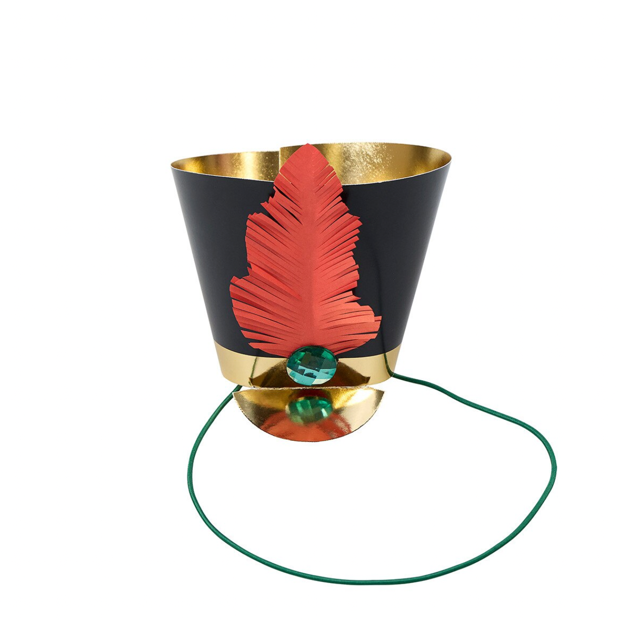 A sculptural black and gold bucket-style planter with a large red feather decoration, a green faceted gemstone, and a green hanging cord, shown on a plain white background.