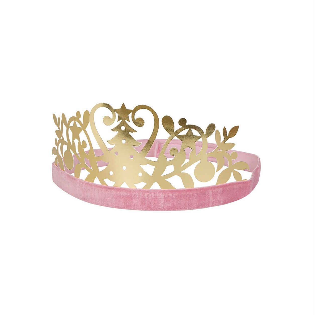 A gold laser-cut crown-shaped headband with a pink velvet band, shown against a white background with a light beige border.