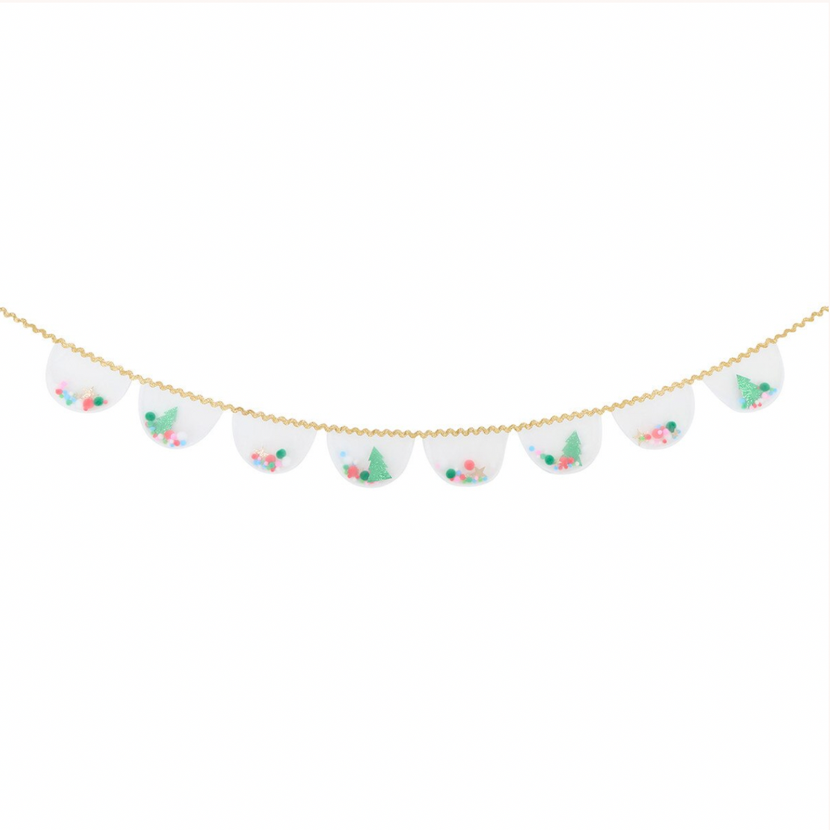 A festive garland banner featuring multiple white semi-circular flags strung along a thin gold cord, each printed with a small Christmas tree and colorful floral details, shown against a plain white background.