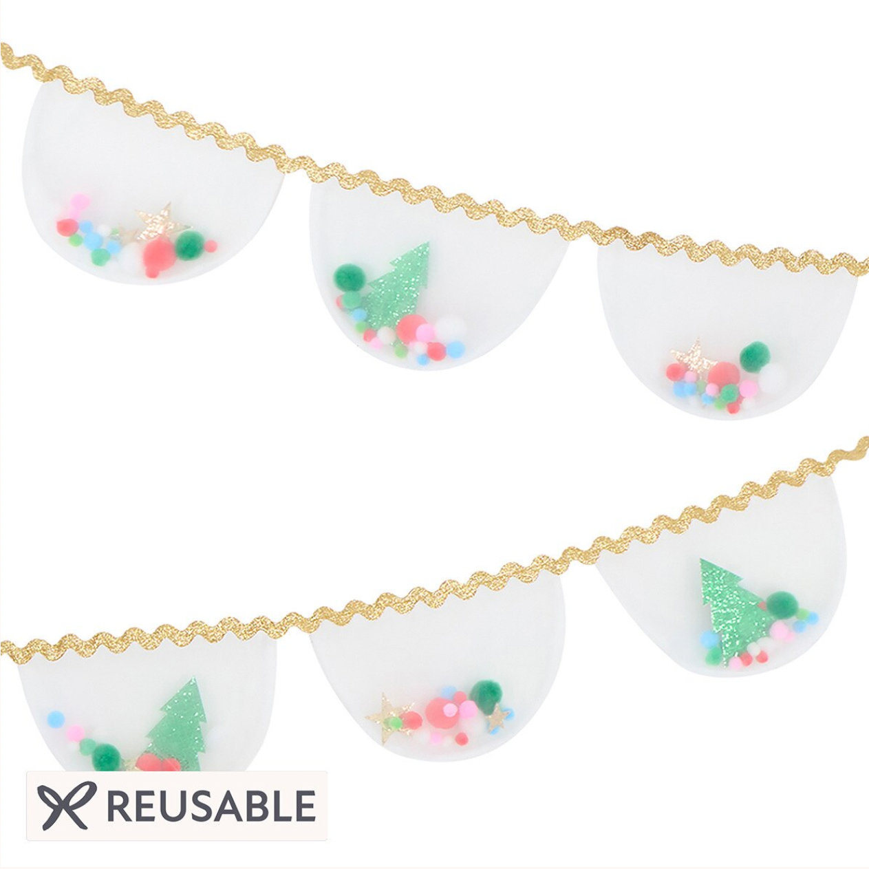 Reusable white crescent moon-shaped garland bunting with a wavy gold glitter trim, filled with colorful confetti, pom-poms, and a small green glitter Christmas tree, shown on a white background with a 'REUSABLE' label.