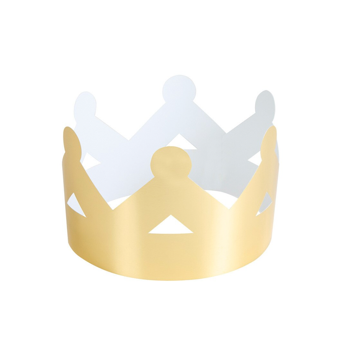 A gold paper crown party hat shown on a plain white background, with a second white crown partially visible behind it.