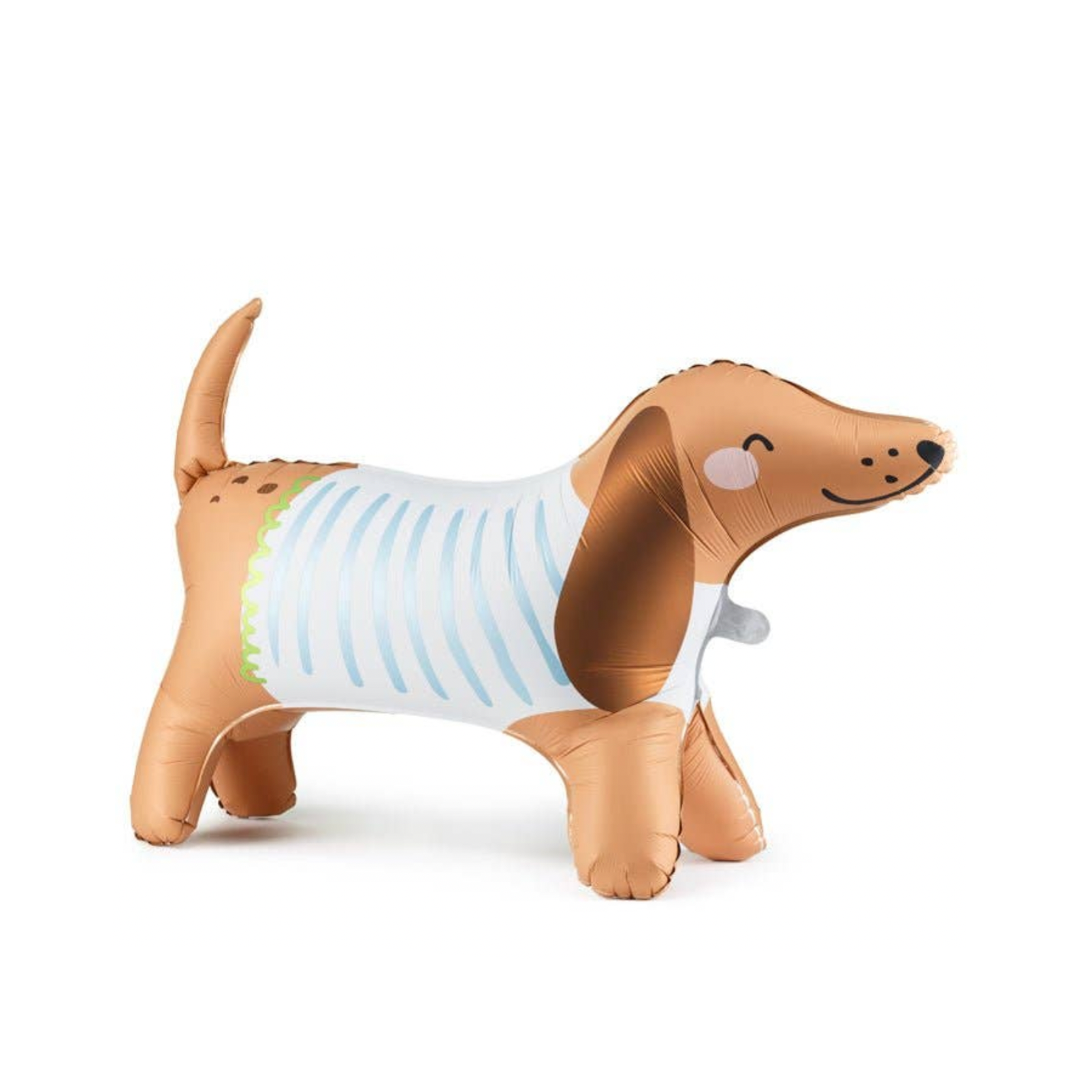 An inflatable dachshund-shaped pool float with a tan body, white belly, and light blue striped back.