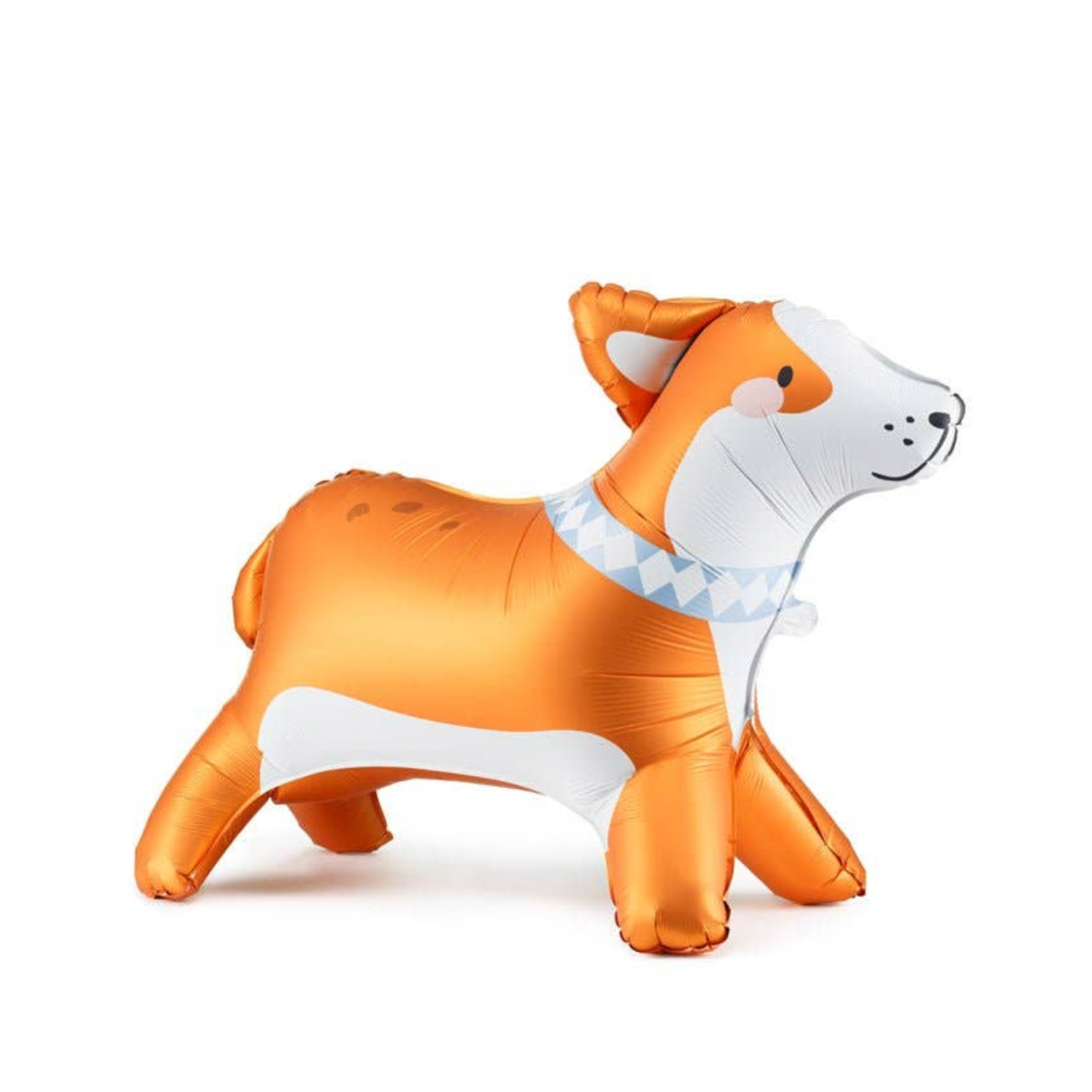 An orange and white inflatable dog-shaped chair or stool shown on a white background, captured within a screenshot of a Shopify store page.