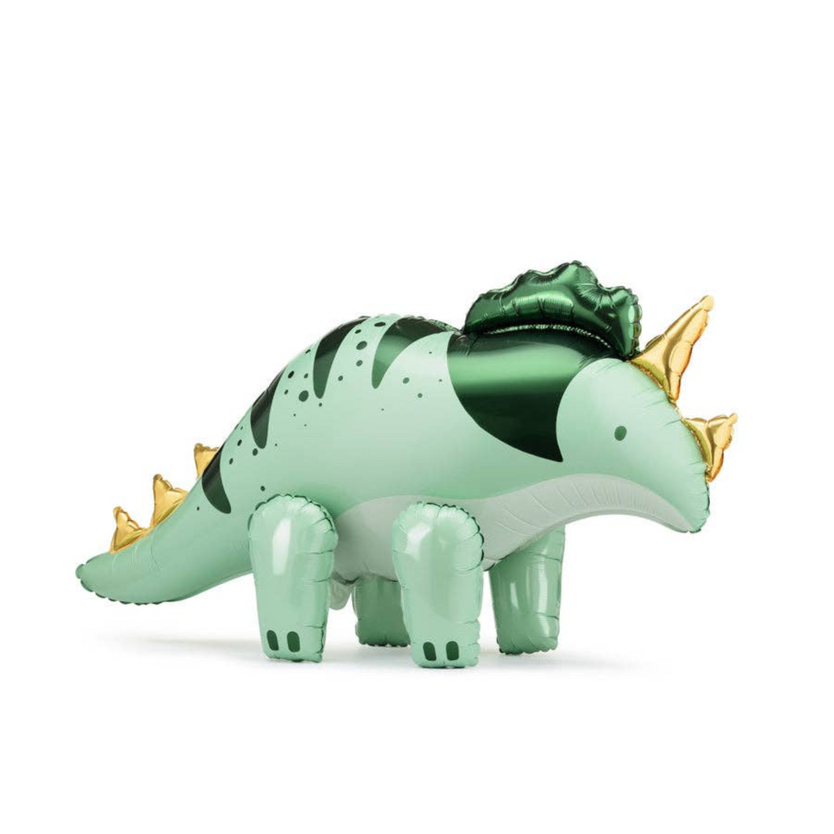 A foil balloon shaped like a green and white dinosaur with gold spikes, shown on a white background inside a web browser window.