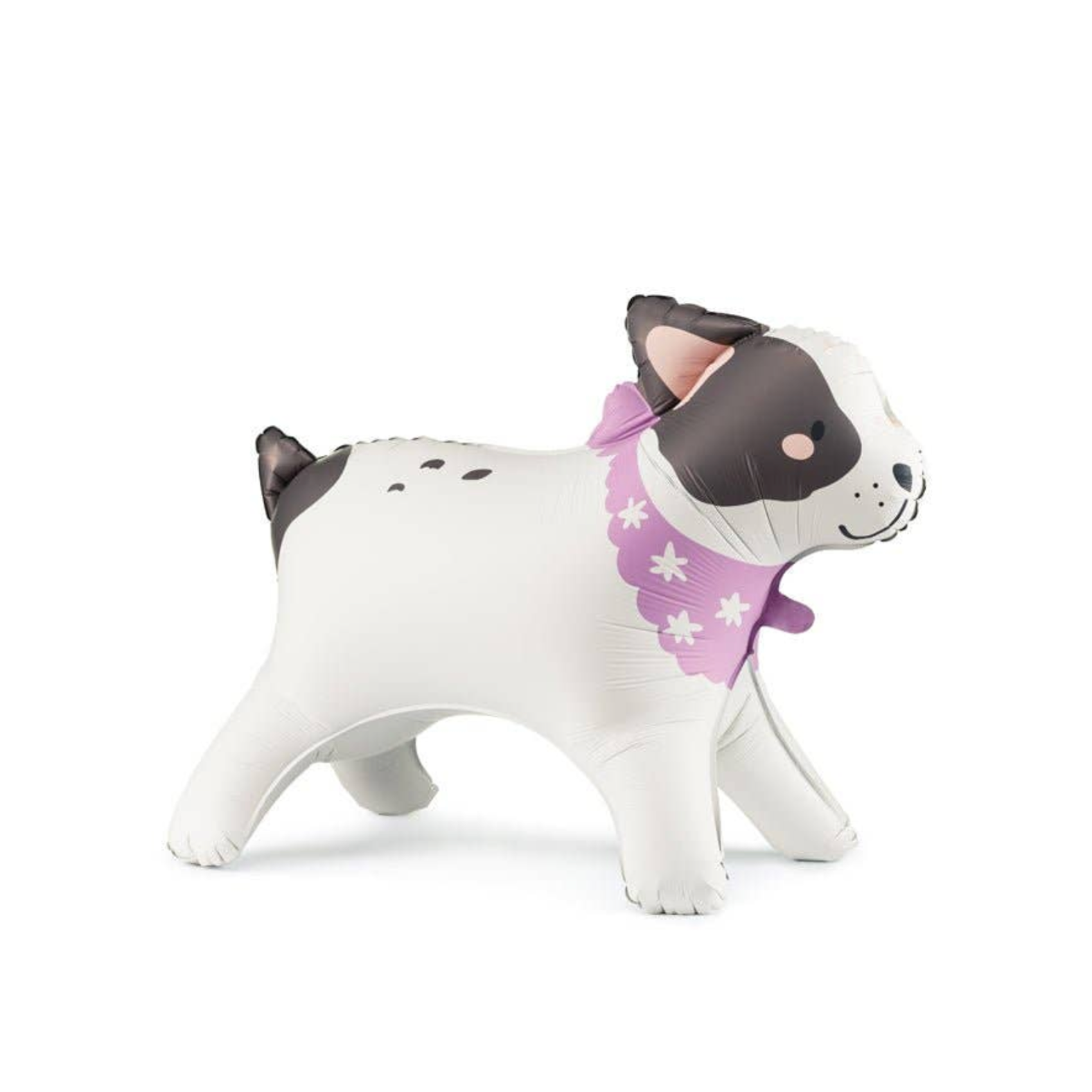 A white and black cat figurine wearing a purple floral bandana, shown on a computer screen within a Shopify store interface.