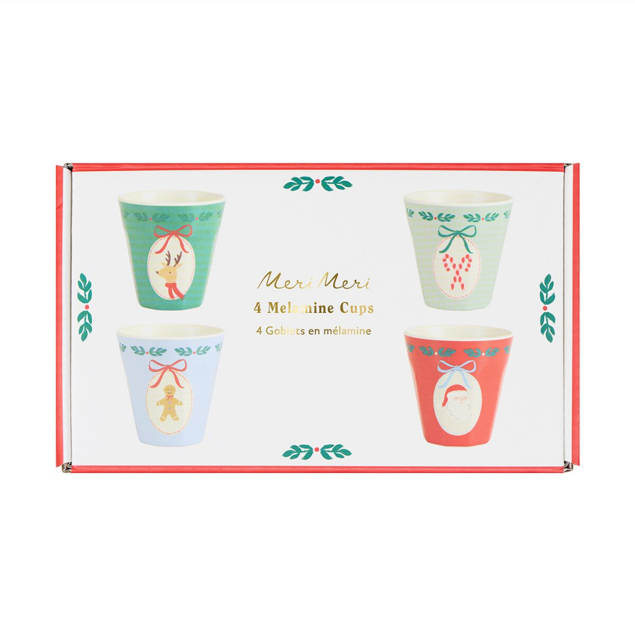 A boxed set of four Christmas-themed melamine cups displayed in its retail packaging. The white box has a red border and shows the text 'Meri Meri 4 Melamine Cups' in the center.