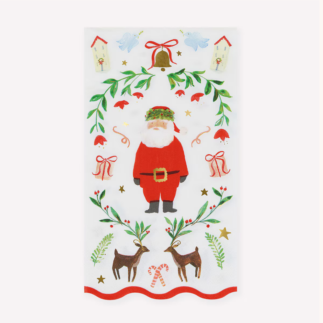 A rectangular white holiday towel or fabric panel featuring a festive Christmas design with Santa Claus in the center, green garlands, red bows, gifts, reindeer, candy canes, and small gold stars on a white background.