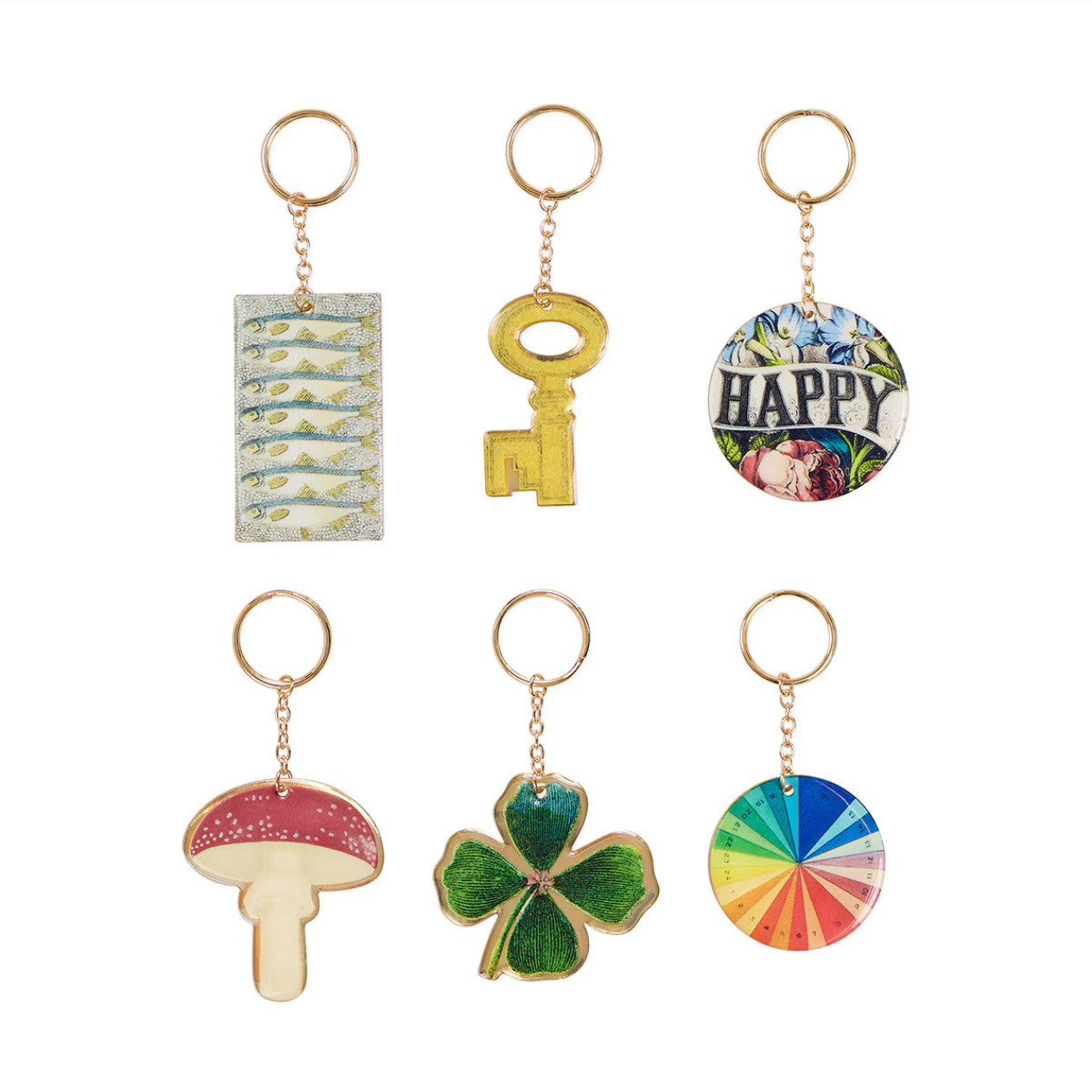 Set of six unique keychains on a white background